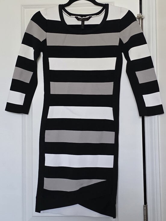 BCBGMaxAzria Dresses & Skirts - BCBGMaxAzria Black, White & Gray Striped Midi Sheath Dress
